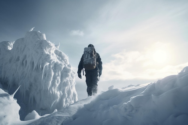 Un uomo cammina attraverso un paesaggio innevato con uno zaino.