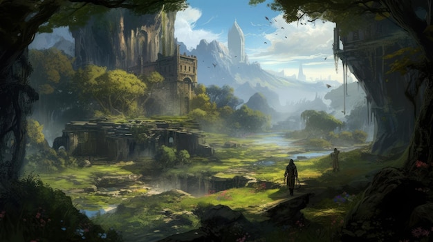 Un uomo cammina attraverso una foresta con un castello sullo sfondo.
