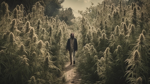 Un uomo cammina attraverso una foresta di cannabis.