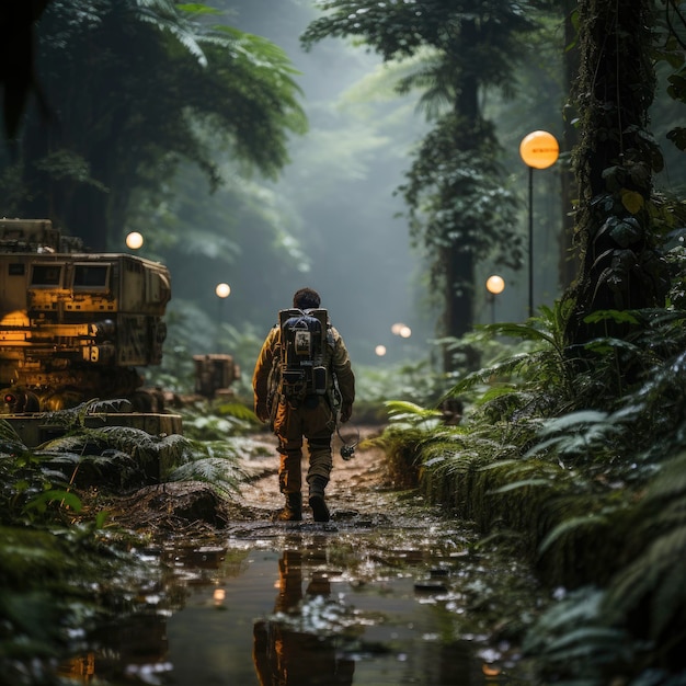 un uomo cammina in una foresta pluviale con uno zaino sulla schiena.