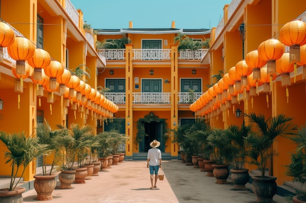 Un uomo cammina lungo un marciapiede davanti a un edificio giallo con lanterne arancioni alle pareti.
