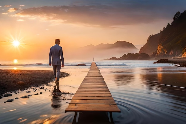 Un uomo cammina lungo un molo al tramonto.