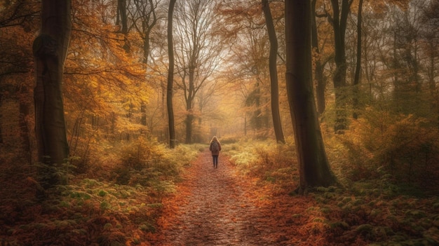 Un uomo cammina lungo un sentiero nel bosco con il sole che splende sugli alberi.