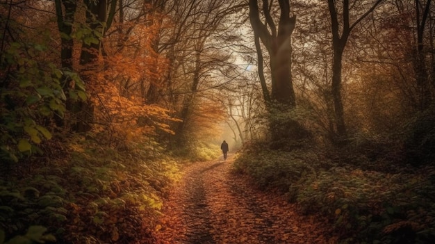 Un uomo cammina lungo un sentiero nel bosco con il sole che splende sugli alberi.