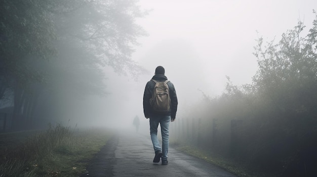 un uomo cammina lungo un sentiero nella nebbia