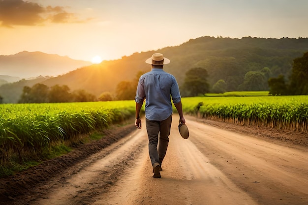 un uomo cammina lungo una strada di terra con un cappello