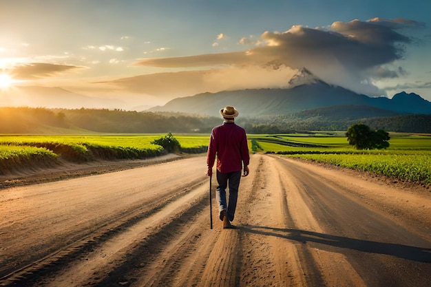 un uomo cammina lungo una strada di terra con una montagna sullo sfondo