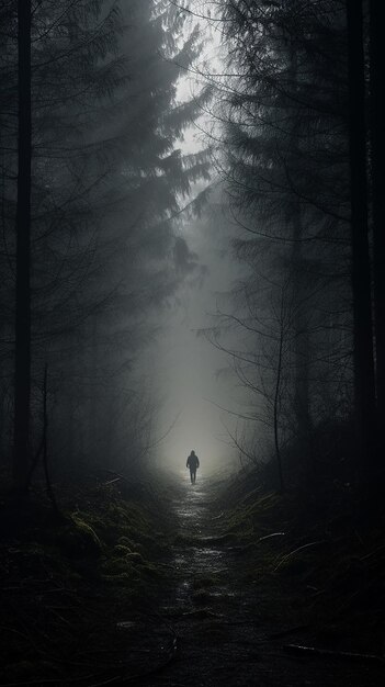 Un uomo cammina lungo una strada in una foresta in nebbia vista da lontano