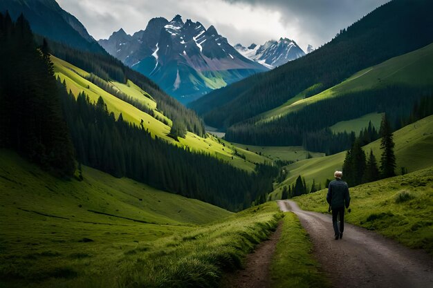 un uomo cammina lungo una strada sterrata in una valle verde.