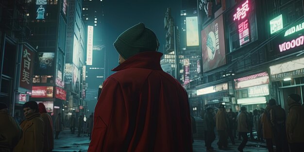 un uomo cammina lungo una strada trafficata in un cappotto rosso
