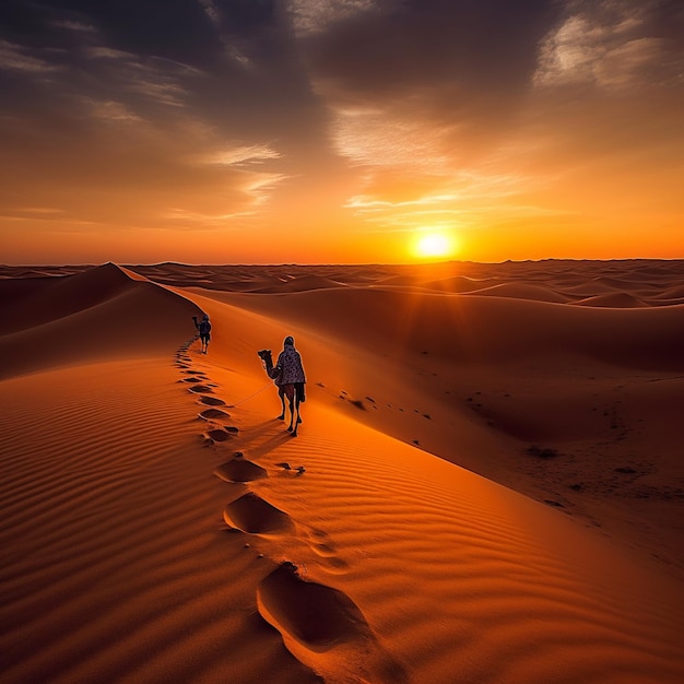 Un uomo cammina nel deserto con un cammello sulla schiena.