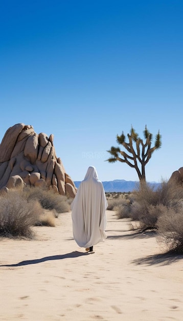 un uomo cammina nel deserto con una veste bianca sulla testa.