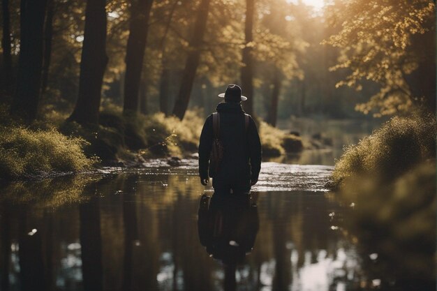 un uomo cammina nella foresta con un cappello.