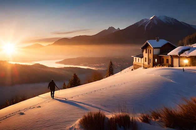 Un uomo cammina nella neve con una montagna sullo sfondo.