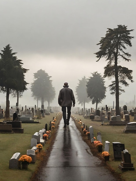 Un uomo cammina per la strada con un cimitero accanto a lui