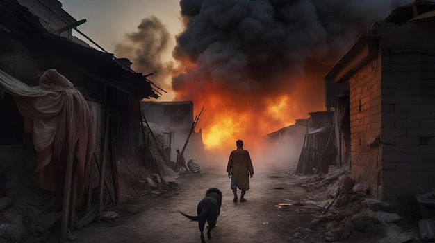 Un uomo cammina per strada con un cane davanti a un fuoco.