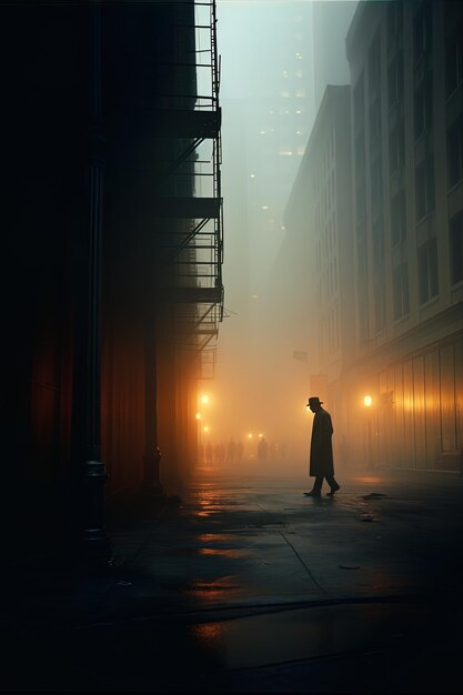 un uomo cammina per una strada nella nebbia