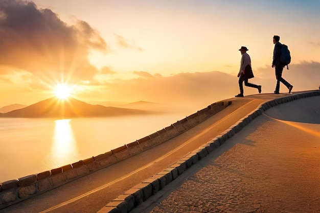 Un uomo cammina su un ponte con il sole che tramonta alle sue spalle.