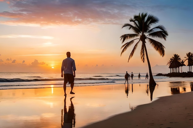 Un uomo cammina su una spiaggia al tramonto con una palma sullo sfondo.