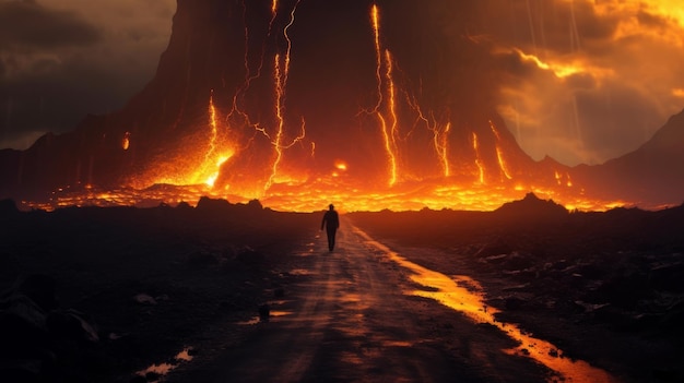 un uomo cammina sulla strada attraverso l'inferno