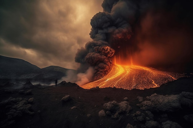 Un uomo cammina verso un vulcano con un cielo scuro sullo sfondo.