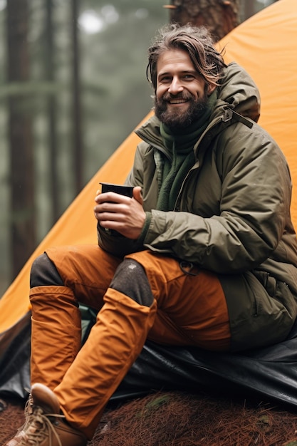 Un uomo caucasico barbuto si gode una tazza mattutina vicino alla sua tenda da solo con la natura