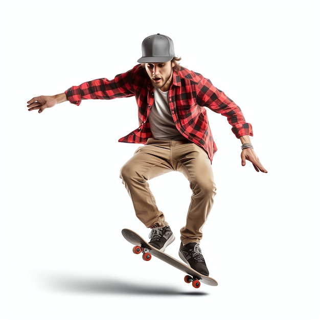 Un uomo caucasico che fa trucchi o salta su uno skateboard in strada Giovane con pattinatore che salta