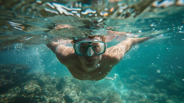 Un uomo caucasico con gli occhiali da sole che nuota in mare