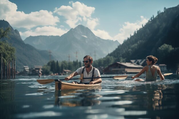 Un uomo cavalca nuota usa un kayak sul lago in un giorno libero sport acquatici hobby