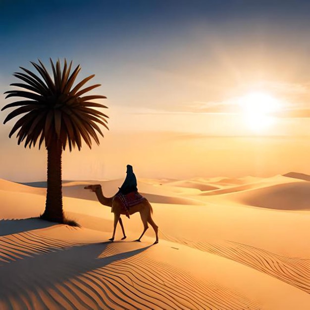 Un uomo cavalca un cammello nel deserto con una palma sullo sfondo.