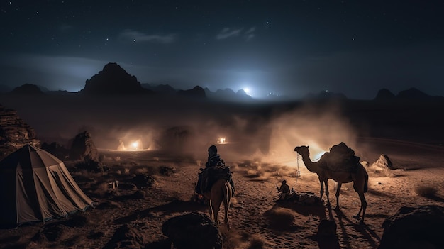 Un uomo cavalca un cammello nel deserto di notte.