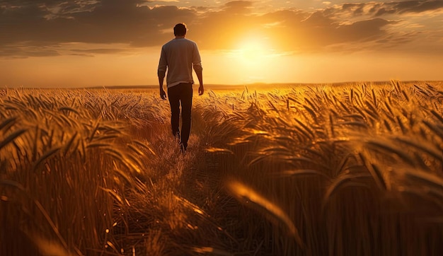 un uomo che cammina attraverso un campo di grano nel mezzo di un tramonto in stile ambra chiaro e