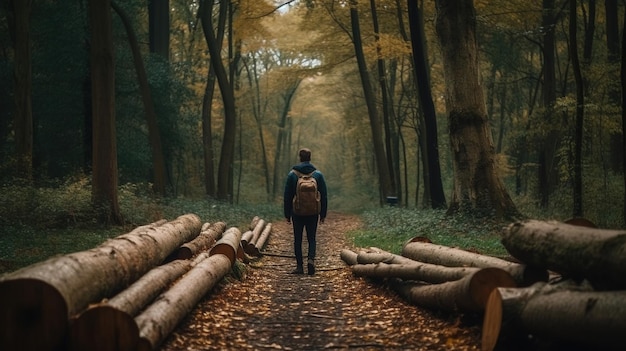 Un uomo che cammina attraverso una foresta con uno zaino sul sentiero