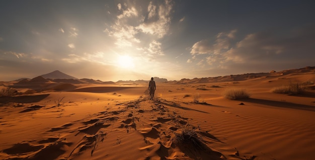 Un uomo che cammina da solo nel deserto esausto e sudato, sfondo HD