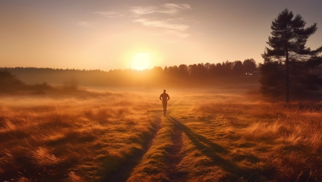 Un uomo che cammina in un campo con il sole che tramonta dietro di lui