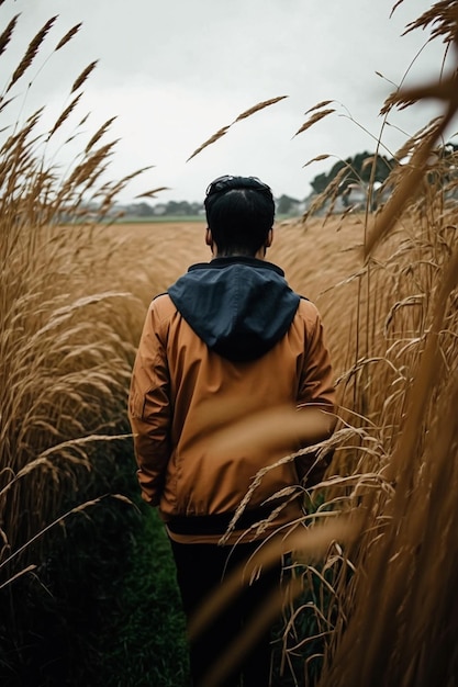 Un uomo che cammina in un campo di erba alta