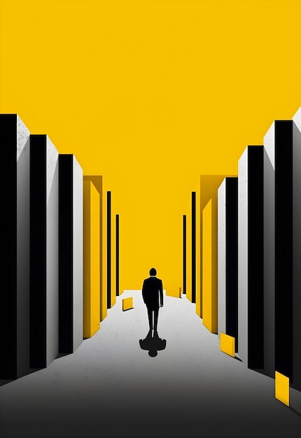 Un uomo che cammina in un corridoio con le pareti gialle