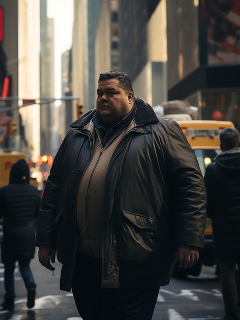 un uomo che cammina in una strada di New York viaggia per uomo plus size con un blog di viaggi paesaggistici