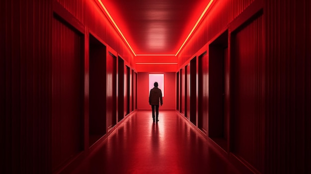 Un uomo che cammina lungo un corridoio buio con una luce rossa