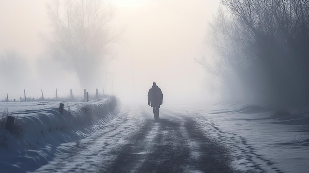 Un uomo che cammina lungo una strada innevata nella neve