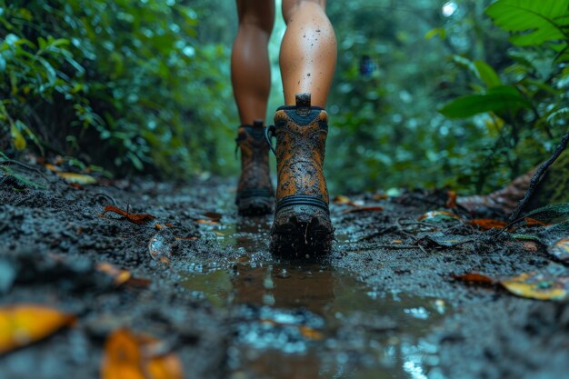 Un uomo che cammina nel fango in mezzo alla giungla in tempo di pioggia