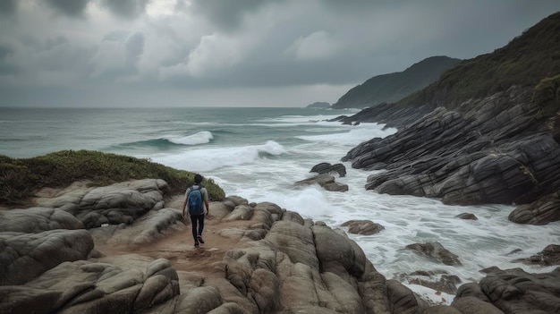 Un uomo che cammina su un sentiero roccioso di fronte a un mare in tempesta.