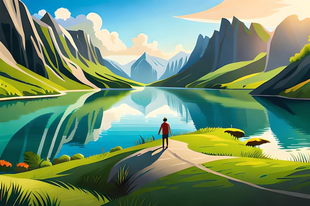 Un uomo che cammina su un sentiero vicino a un lago con le montagne sullo sfondo.