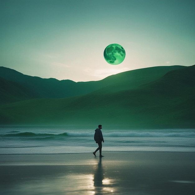 Un uomo che cammina su una spiaggia con una luna verde sullo sfondo