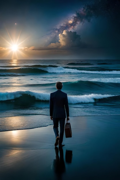 Un uomo che cammina sulla spiaggia con una valigetta in mano