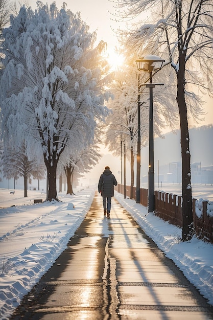 Un uomo che cammina sulla strada nella mattina d'inverno