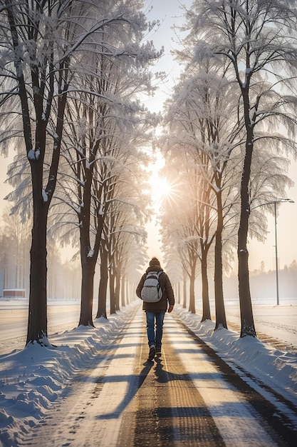 Un uomo che cammina sulla strada nella mattina d'inverno