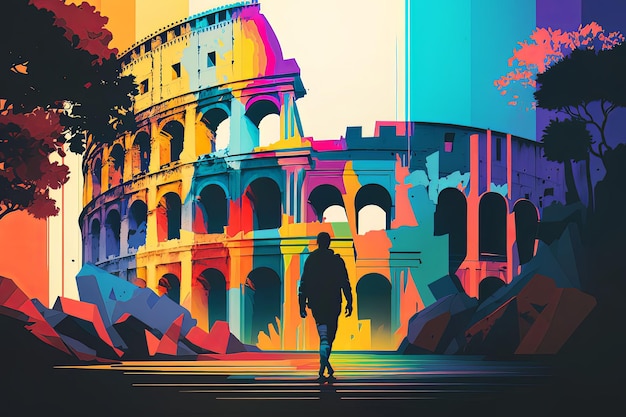 un uomo che cammina verso il Colosseo Roma Italia illustrazione colorata