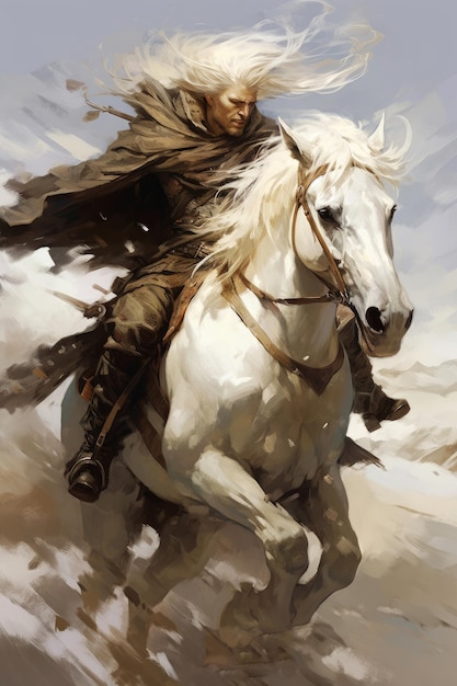 Un uomo che cavalca un cavallo bianco con sopra una spada.