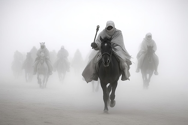 Un uomo che cavalca un cavallo nella nebbia